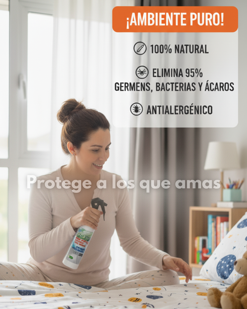 Mamá aplicando Acaroff en la cama de su hijo para eliminar ácaros de forma segura