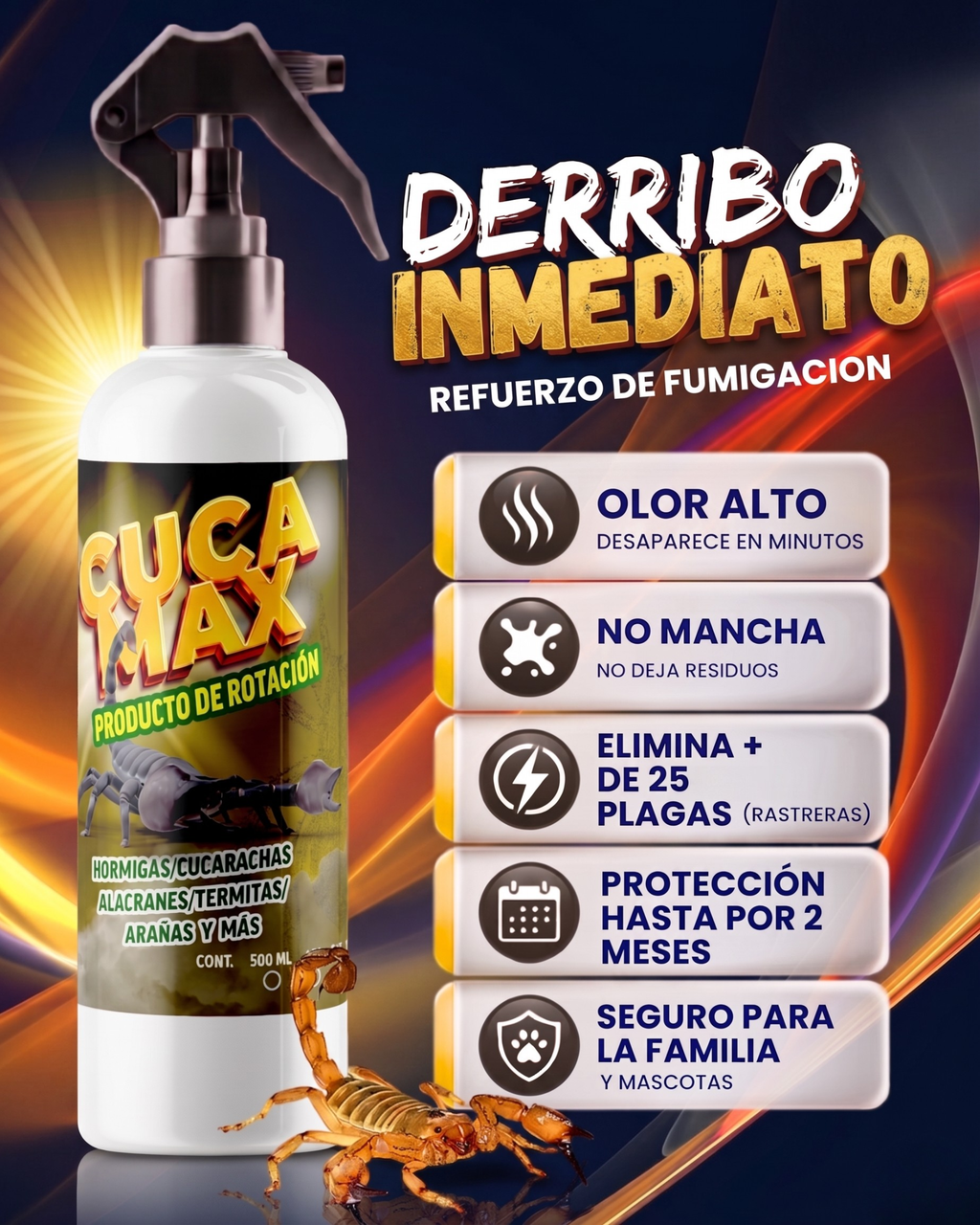 Cuca Max insecticida 500ml para eliminar cucarachas, hormigas y arañas al instante