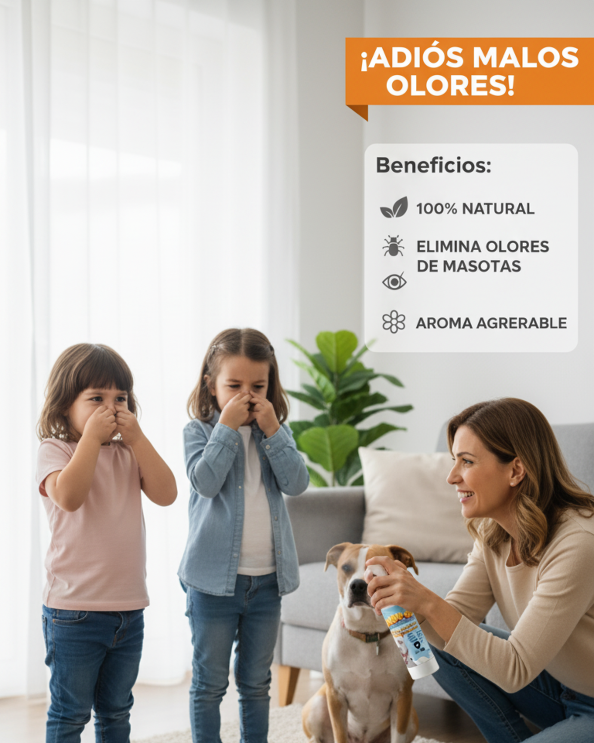 Mamá rociando Fuchi-Go en casa para eliminar el mal olor de mascotas frente a sus hijas